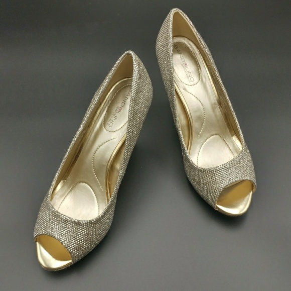 Gold Glitter Peep Toe Pumps - Picture 2 of 8